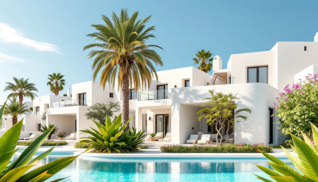Exterior de la villa con palmera y piscina