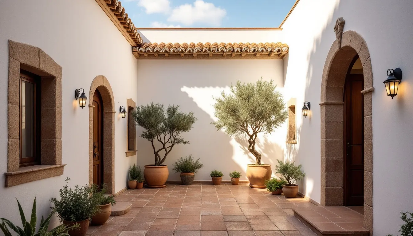 Patio encalado con olivos y arco