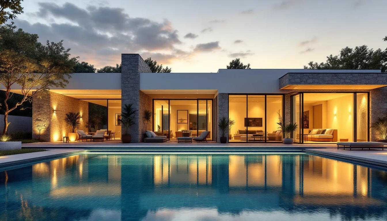 Fachada de la villa iluminada al anochecer