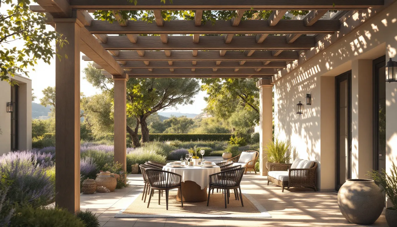 Pérgola con mesa de comedor exterior