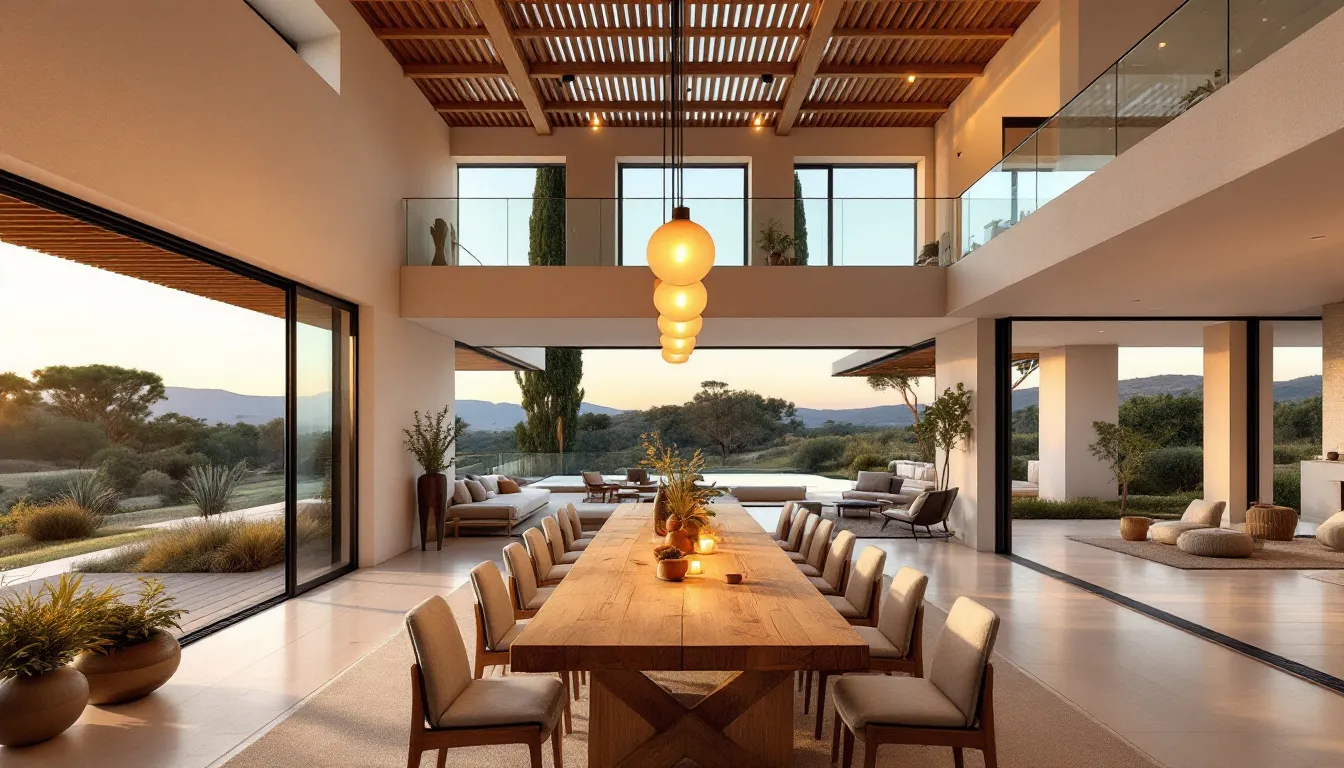 Comedor a doble altura de Villa Recaredo abierto a la terraza al atardecer