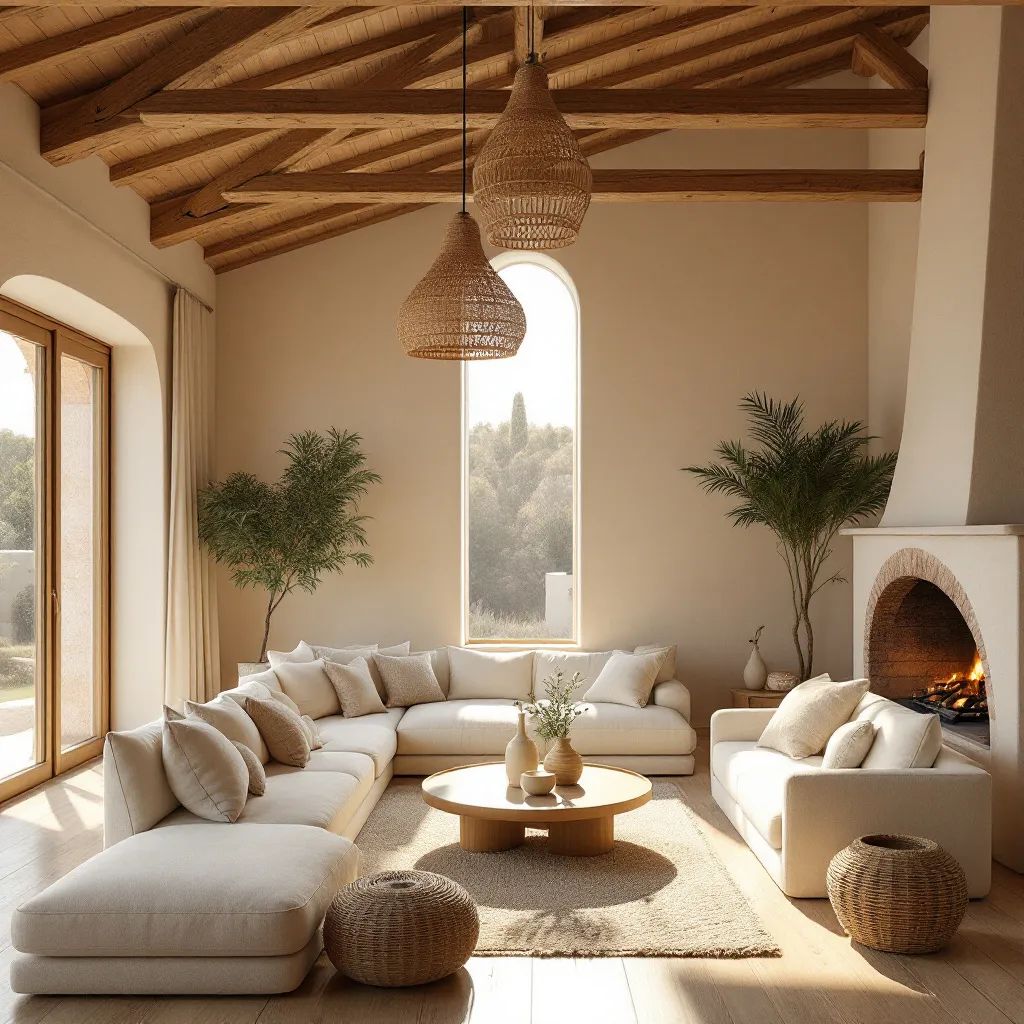 Salón de la villa con vigas de madera, sofás claros y chimenea castellana